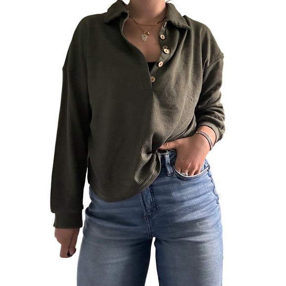 SHEIN Tops - SHEIN Waffle Knit Collared Long Sleeve Button Up Top Olive Green Size Medium